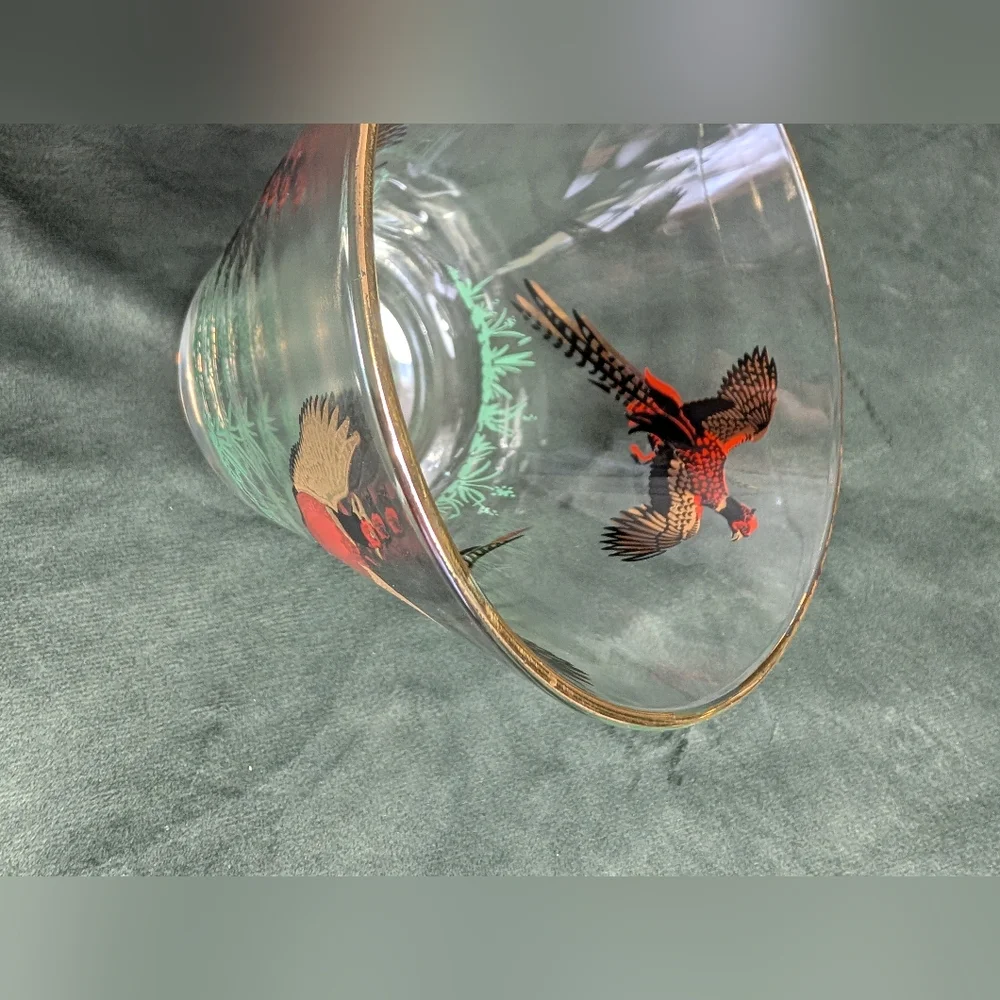 Hazel Atlas Pheasant VINTAGE Ice Bucket & Cocktail Glasses MCM Glass